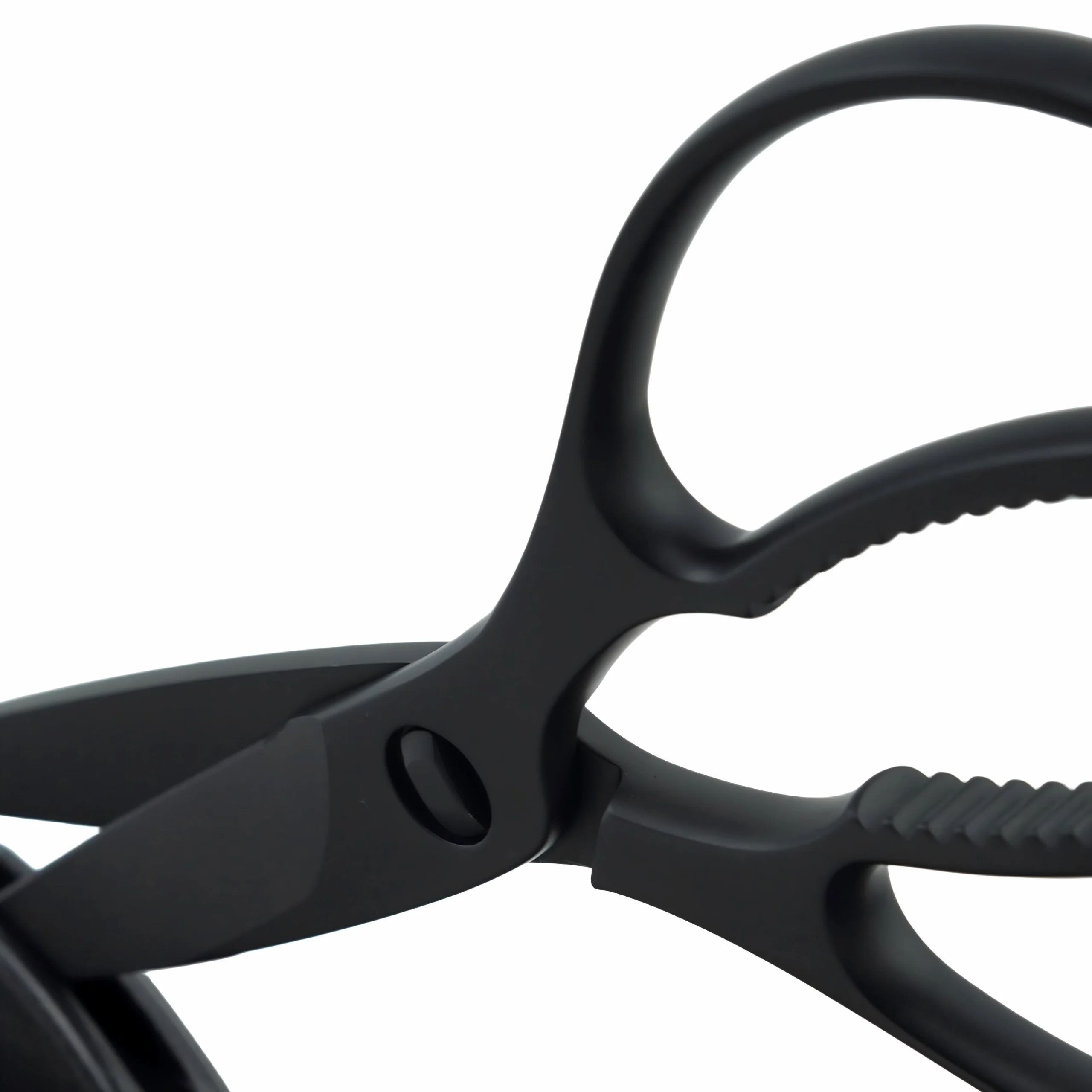 Detailed view of black stainless steel kitchen shears handle isolated on white background KL-SC-TI-001