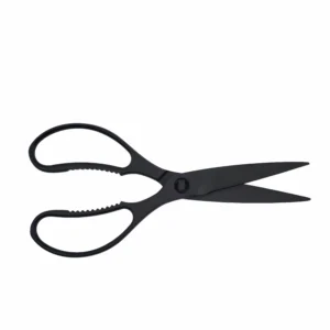 Black stainless steel kitchen scissors in opened view isolated on white background KL-SC-TI-001