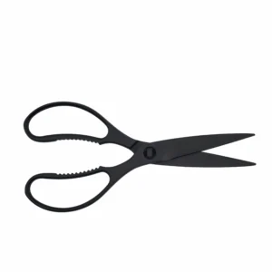 Black stainless steel kitchen scissors in opened view isolated on white background KL-SC-TI-001