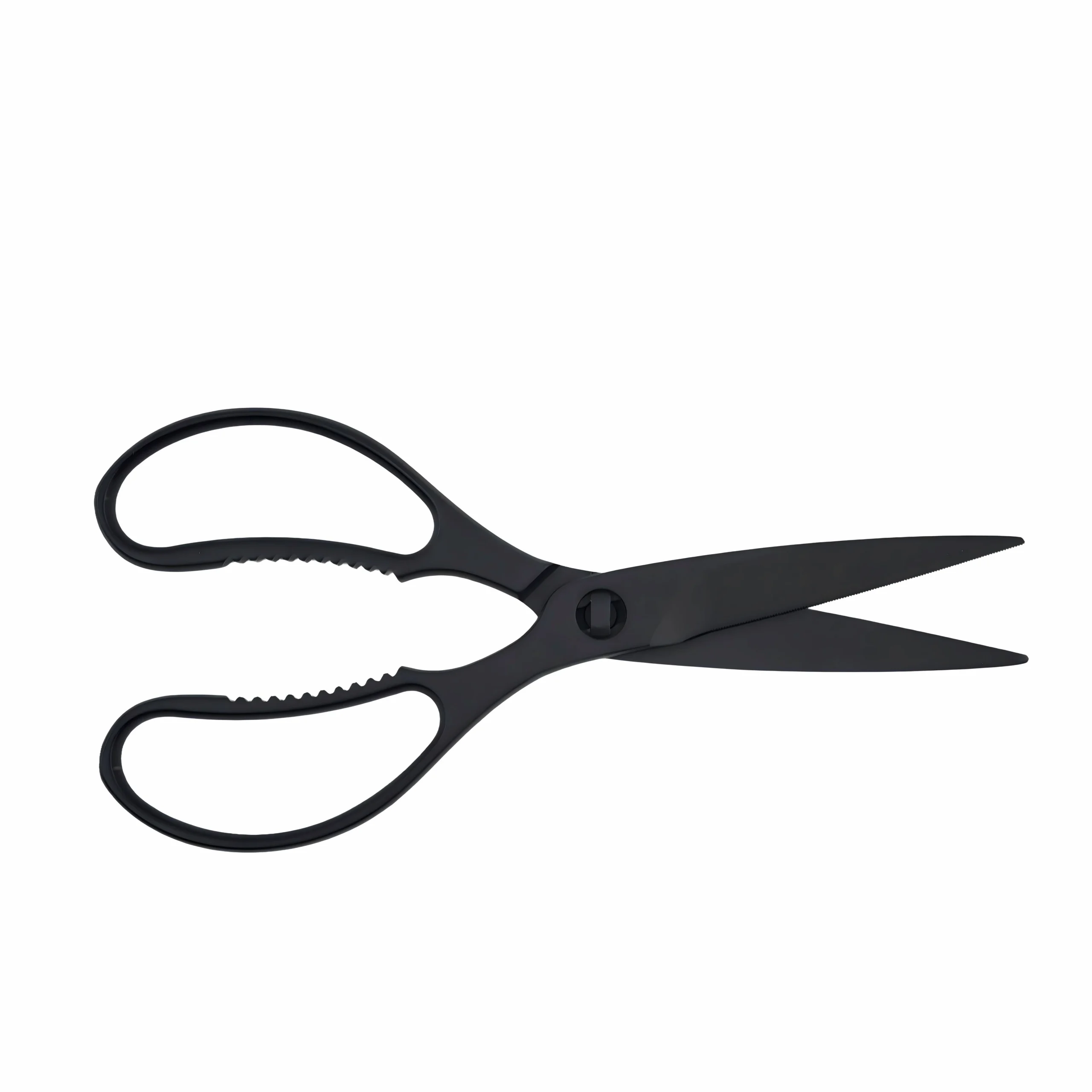 Black stainless steel kitchen scissors in opened view isolated on white background KL-SC-TI-001