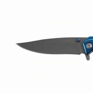 Close-up view of a gray stonewashed stainless steel blade with blue thumb stud isolated on white background. SKU: KL-OD-SS-006.