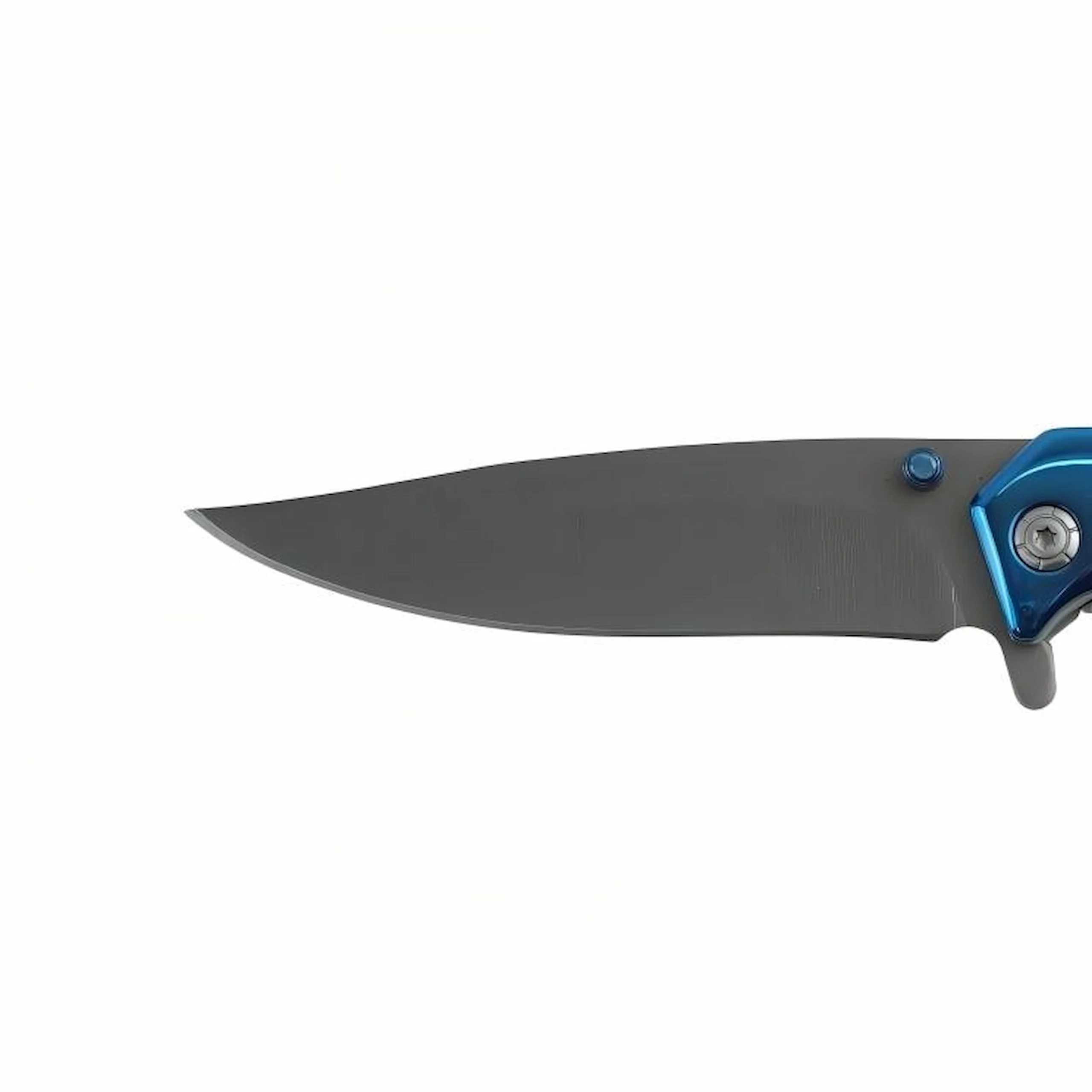 Close-up view of a gray stonewashed stainless steel blade with blue thumb stud isolated on white background. SKU: KL-OD-SS-006.
