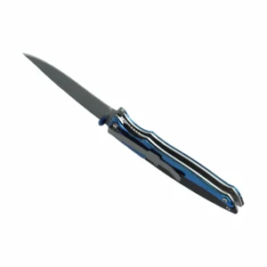 Blue anodized folding knife shown at a 45-degree angle open isolated on white background. SKU: KL-OD-SS-006.