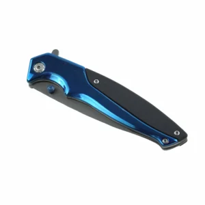 Blue anodized tactical folding knife in compact folded view isolated on white background. SKU: KL-OD-SS-006.