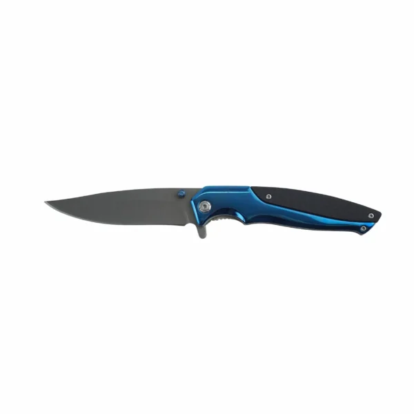 Blue anodized folding knife with black G10 handle scales open isolated on white background. SKU: KL-OD-SS-006.