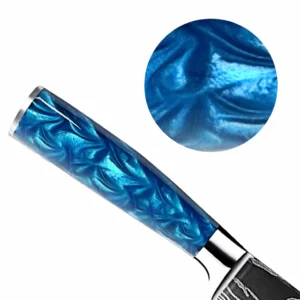 Close up of vibrant ocean blue stabilized resin handle on kitchen knife isolated on white background KL-KK-DS-001