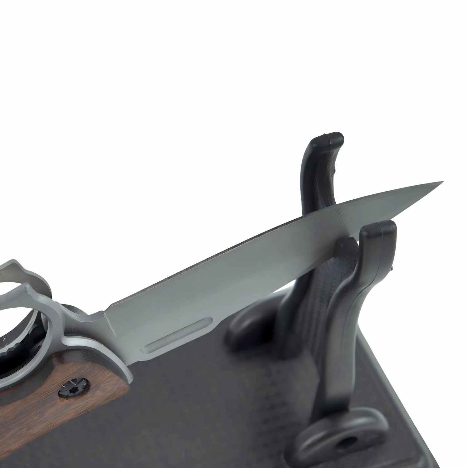 Close-up of tactical folding knife satin blade displayed on a black stand, isolated on white background. KL-OD-SS-009