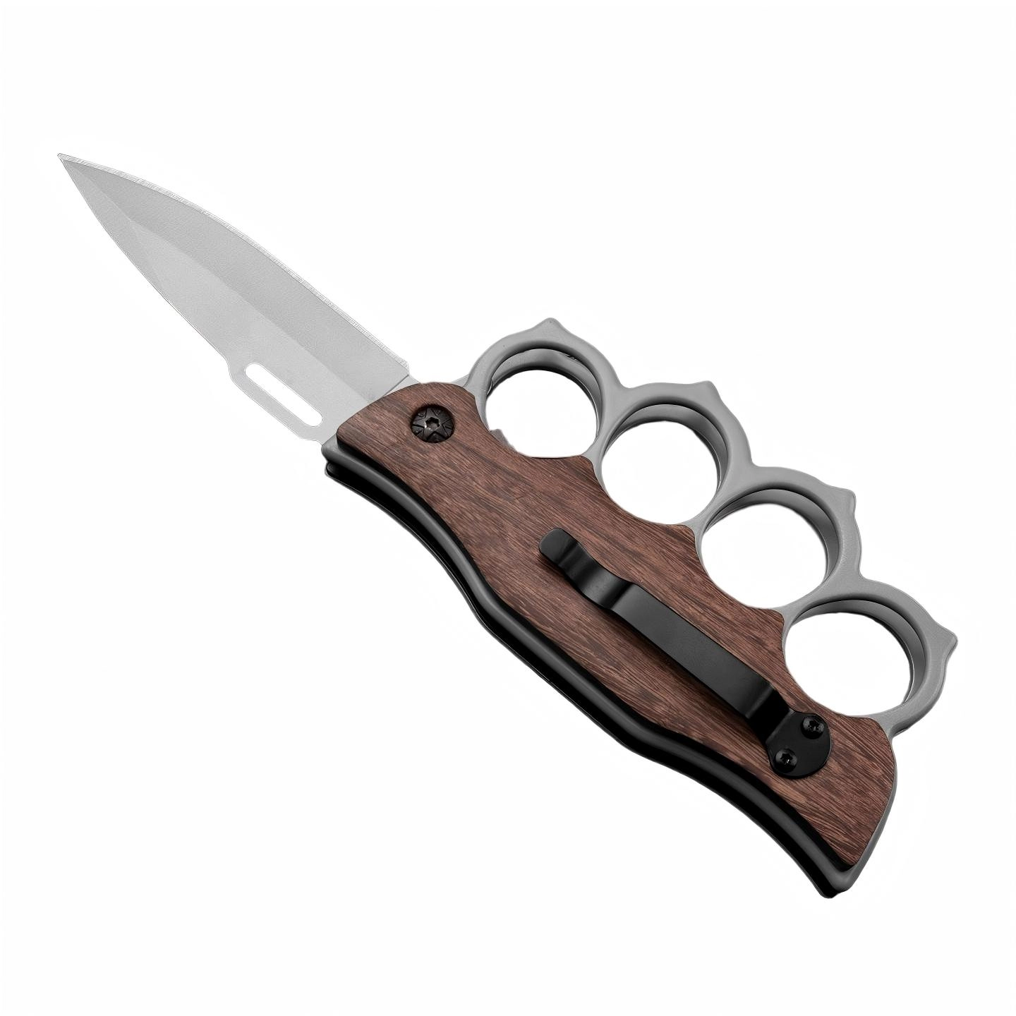 Perspective back view of brass knuckle folding knife showing pocket clip and wood handle, isolated on white background. KL-OD-SS-009