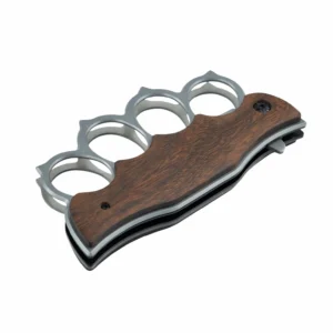 Perspective view of a closed tactical brass knuckle folding knife with wood handle, isolated on white background. KL-OD-SS-009