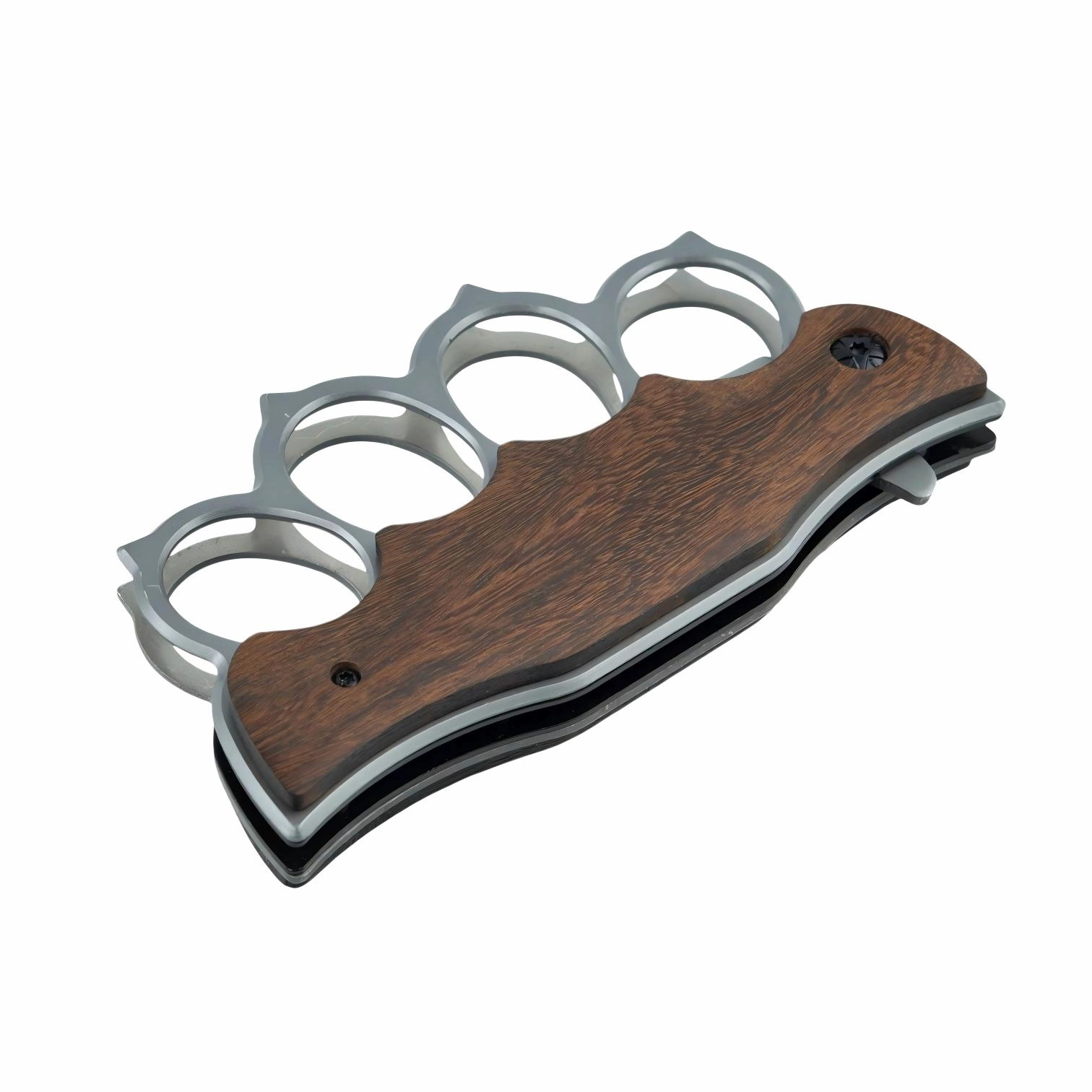 Perspective view of a closed tactical brass knuckle folding knife with wood handle, isolated on white background. KL-OD-SS-009