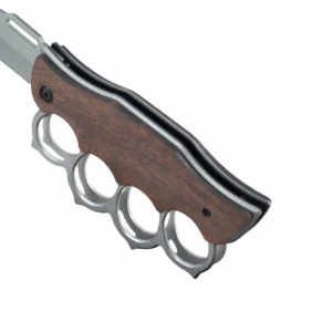 Close-up of tactical folding knife 4-finger knuckle handle with wenge wood scale, isolated on white background. KL-OD-SS-009