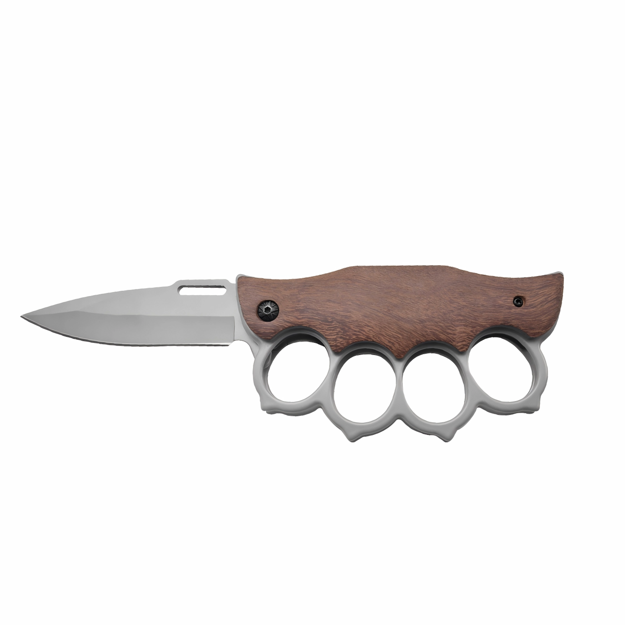 Tactical brass knuckle folding knife with wenge wood handle and satin blade, isolated on white background. KL-OD-SS-009