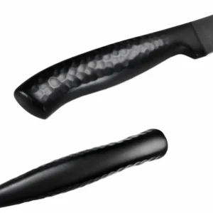 Black Bread Knife Handle Profile Detail | KaiLionCrafts Close up of black hammered dimple pattern handle showing top and side profiles on white background KL-KN-SS-007