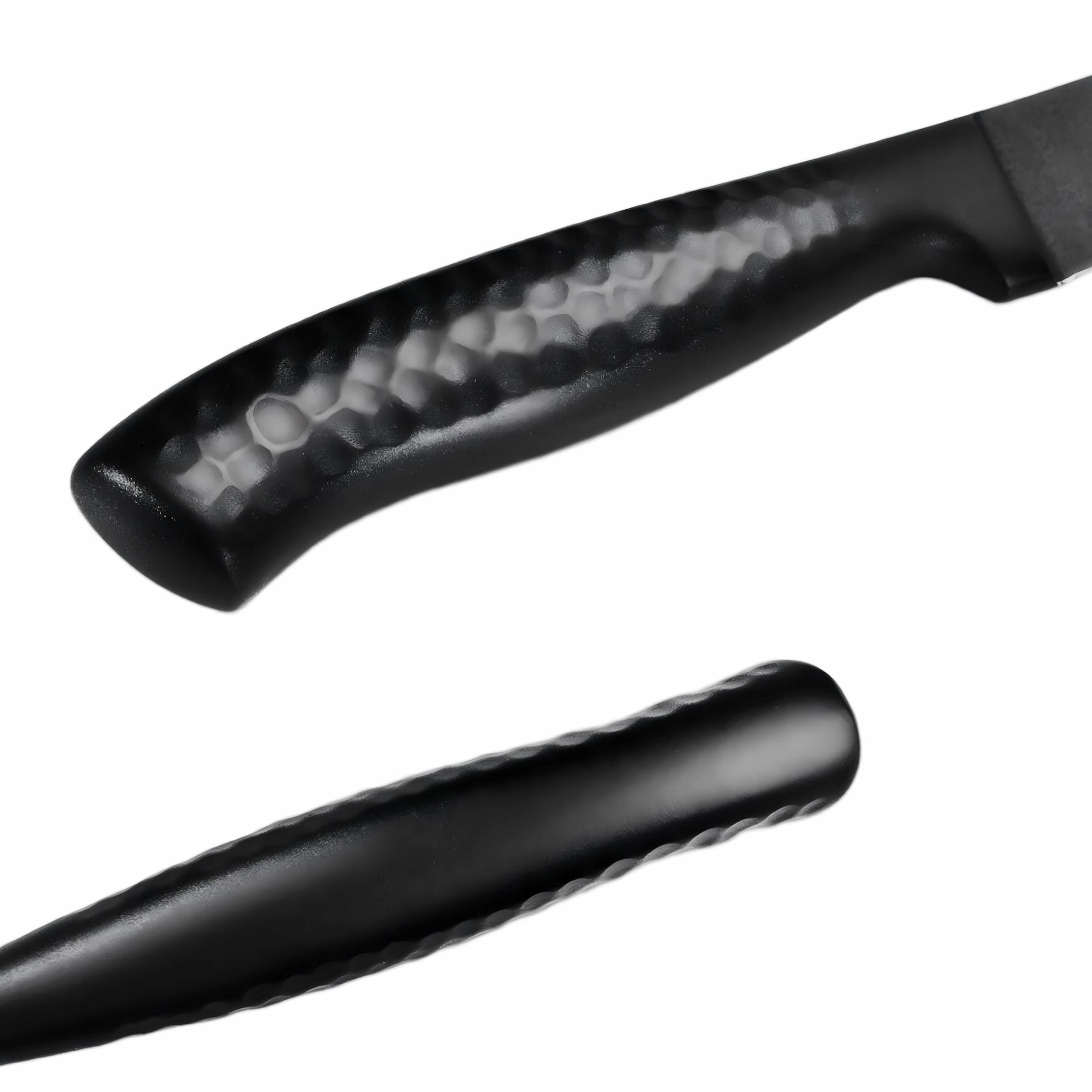 Black Bread Knife Handle Profile Detail | KaiLionCrafts Close up of black hammered dimple pattern handle showing top and side profiles on white background KL-KN-SS-007