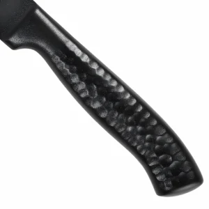 Black Bread Knife Hammered Handle Detail | KaiLionCrafts Close up of non-slip hammered dimple textured handle isolated on white background KL-KN-SS-007
