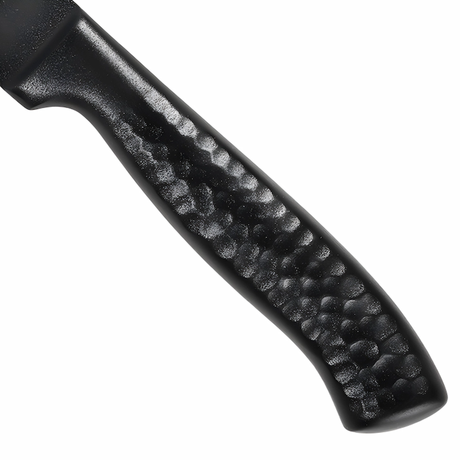 Black Bread Knife Hammered Handle Detail | KaiLionCrafts Close up of non-slip hammered dimple textured handle isolated on white background KL-KN-SS-007