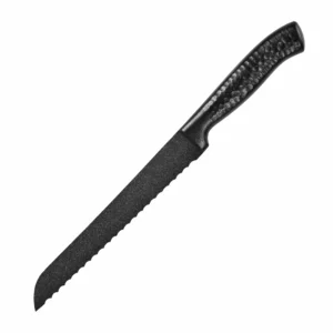 Black Serrated Bread Knife - 45-Degree View | KaiLionCrafts Black non-stick coated serrated bread knife shown at a 45 degree angle isolated on white background KL-KN-SS-007