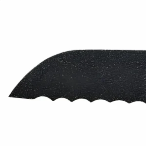 Black Bread Knife Blade Detail | KaiLionCrafts Close up of black non-stick coated serrated blade edge isolated on white background KL-KN-SS-007