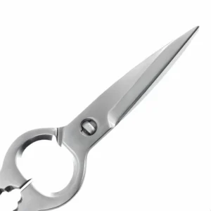 Brushed stainless steel kitchen scissors blade detail isolated on white background KL-SC-PR-008