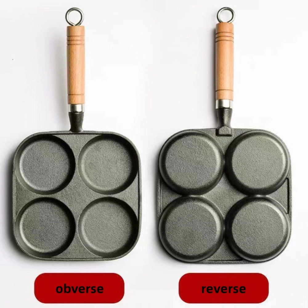 4-cup cast iron egg pan showing obverse and reverse sides isolated on white background KL-KA-GAD-002