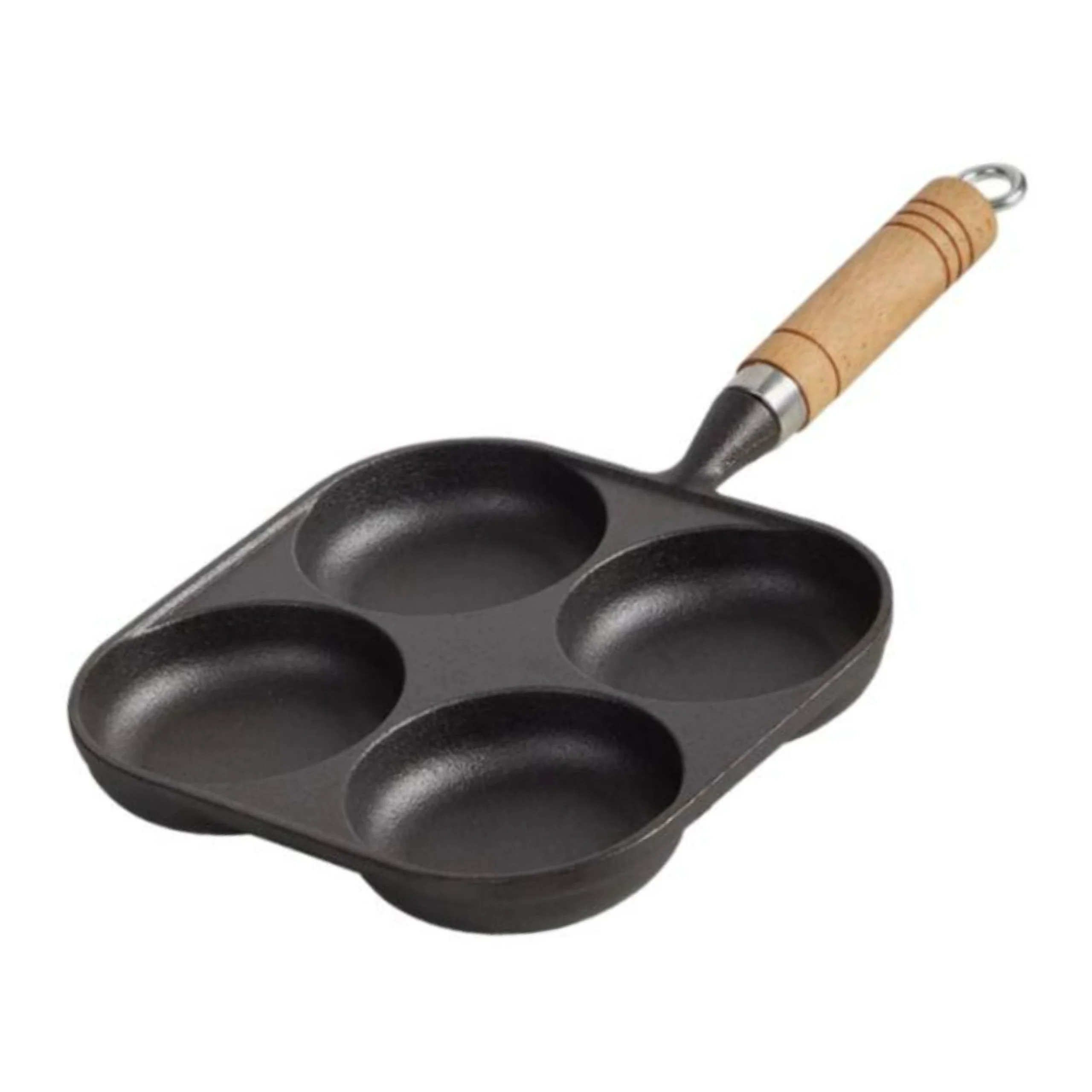 4-cup cast iron egg pan with wooden handle isolated on white background KL-KA-GAD-002
