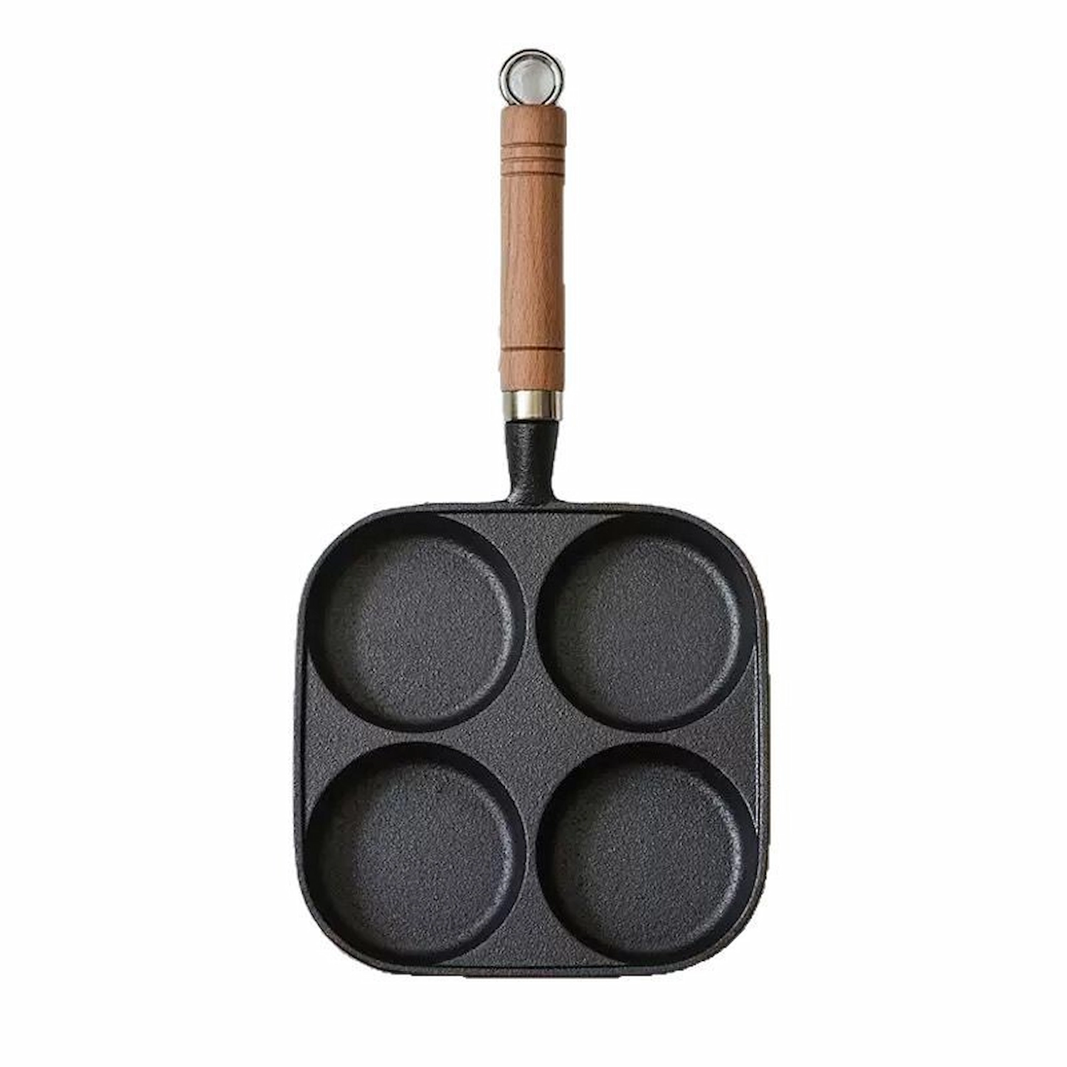 4-cup cast iron egg pan with wooden handle isolated on white background KL-KA-GAD-002
