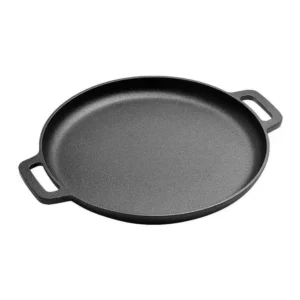Pre-seasoned cast iron pizza pan with dual handles isolated on white background KL-KA-BBQ-011