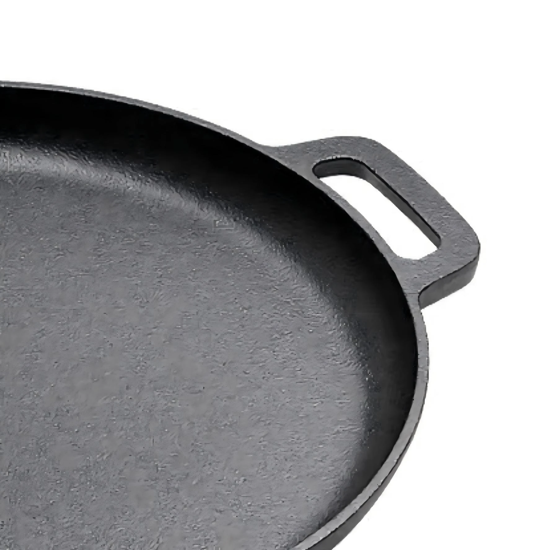 Pre-seasoned cast iron pizza pan handle close up isolated on white background KL-KA-BBQ-011
