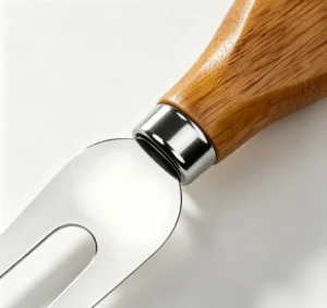 Polished 2-tine stainless steel cheese fork with ergonomic wood handle isolated on white background, KL-KA-GAD-007.