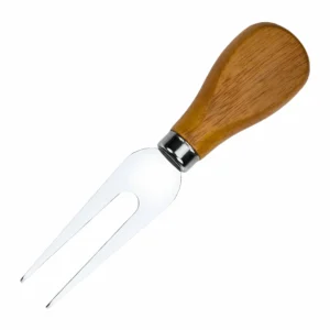 2-tine stainless steel cheese fork with natural wood handle isolated on white background, KL-KA-GAD-007.