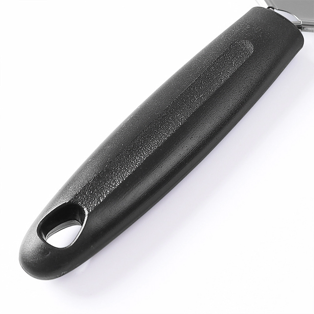 Close up view of the black ribbed plastic handle with hanging loop isolated on white background KL-KA-GR-004