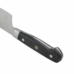 Stainless Steel Chef Knife - 45-Degree View | KaiLionCrafts Stainless steel chef knife with triple riveted black POM handle at 45 degree angle isolated on white background KL-KN-SS-018