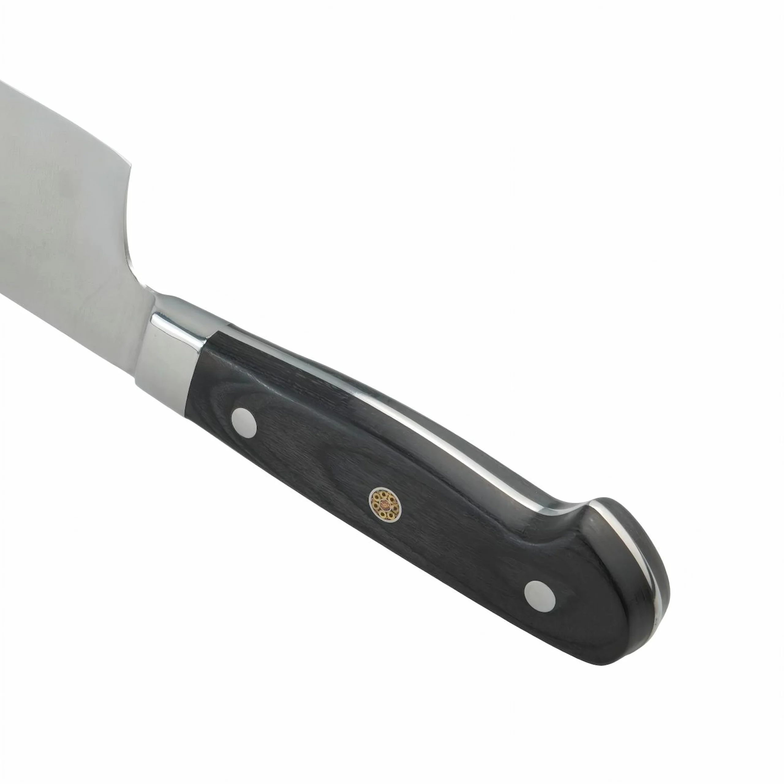 Stainless Steel Chef Knife - 45-Degree View | KaiLionCrafts Stainless steel chef knife with triple riveted black POM handle at 45 degree angle isolated on white background KL-KN-SS-018