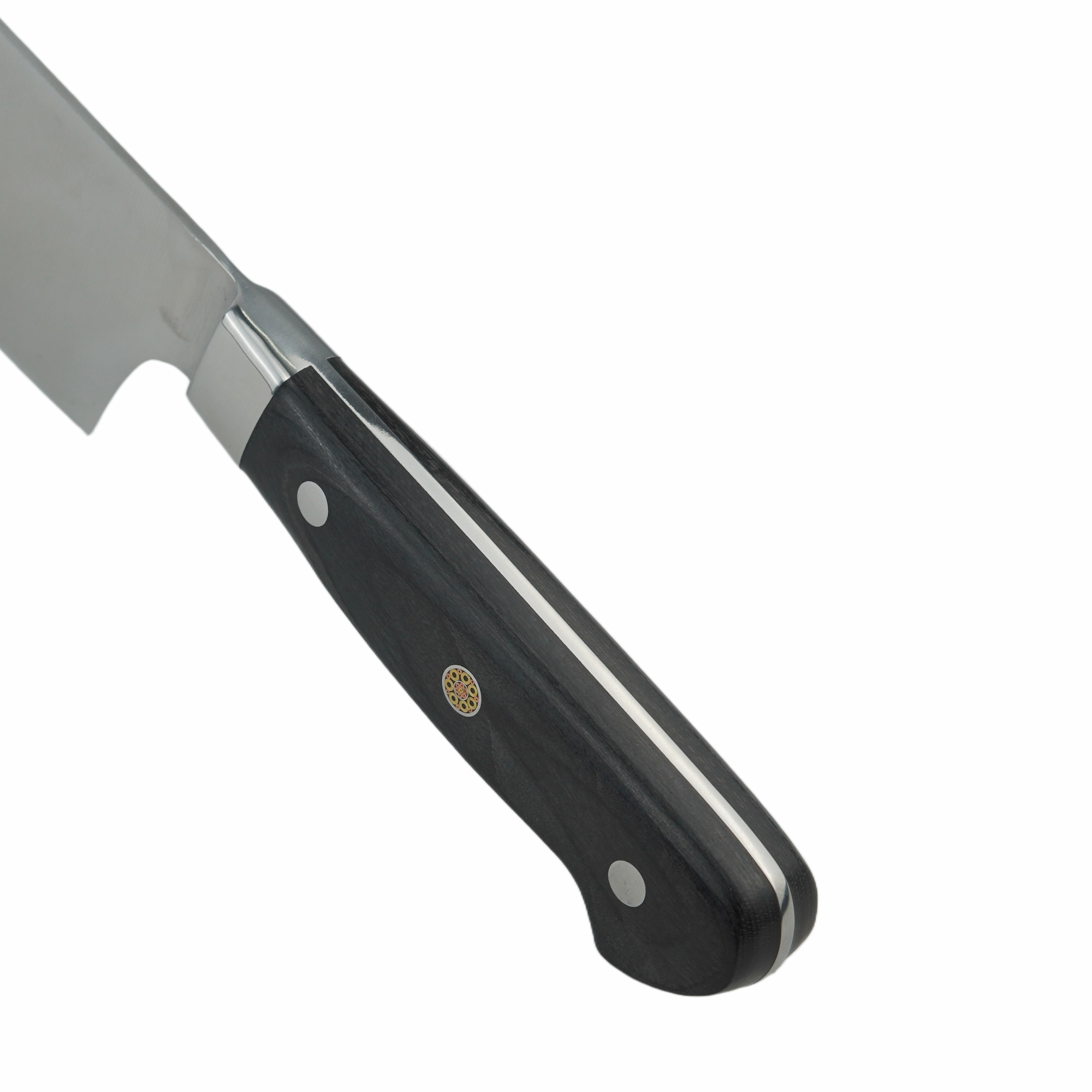 Stainless Steel Chef Knife - Handle Detail | KaiLionCrafts Close up view of the ergonomic black POM handle with triple rivets and mosaic pin isolated on white background KL-KN-SS-018