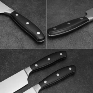 Detailed multi-angle views of ergonomic black riveted knife handles on workbench setting KL-KN-SS-021
