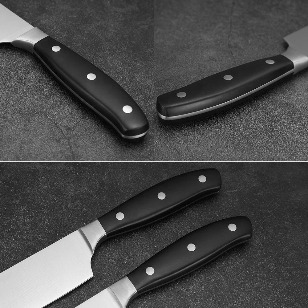 Detailed multi-angle views of ergonomic black riveted knife handles on workbench setting KL-KN-SS-021