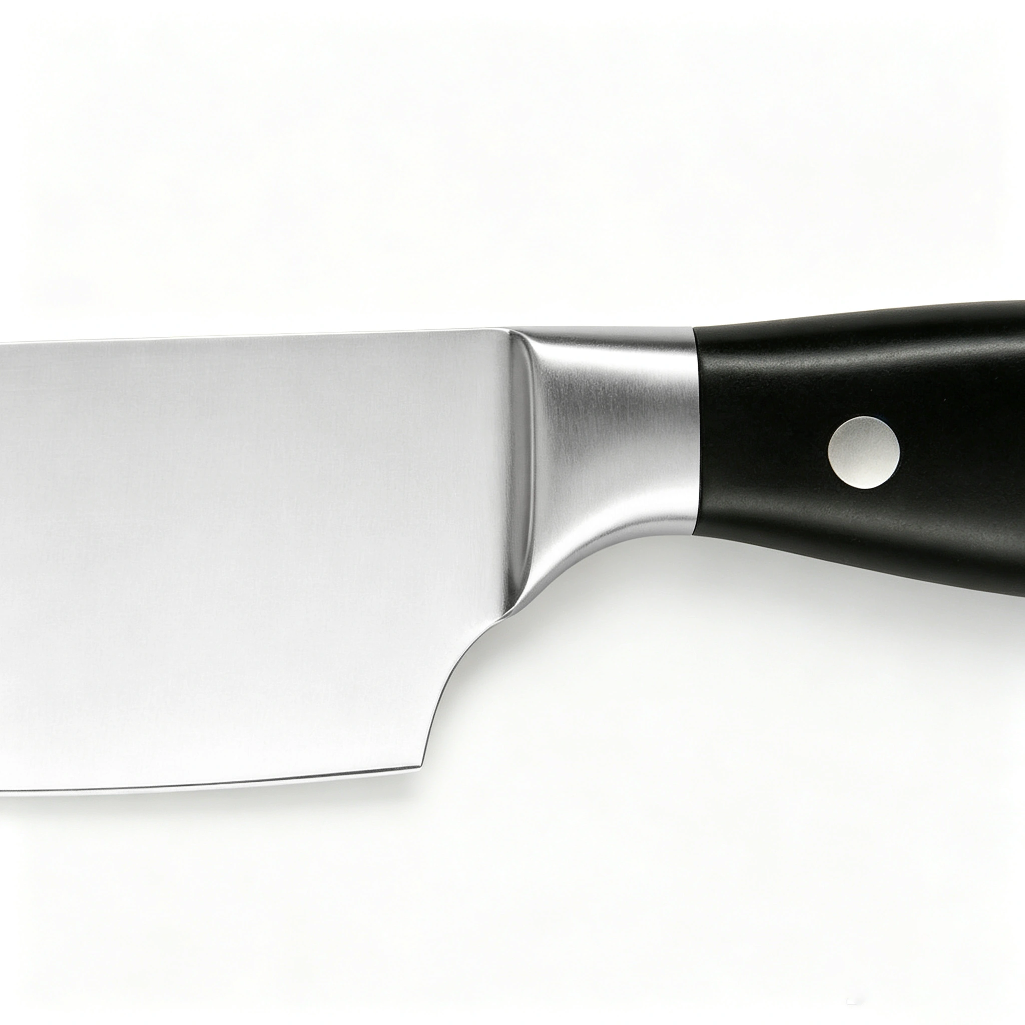 Close-up of forged stainless steel bolster and blade heel on white background KL-KN-SS-021