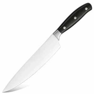Forged stainless steel chef knife shown at a 45 degree angle isolated on white background KL-KN-SS-021