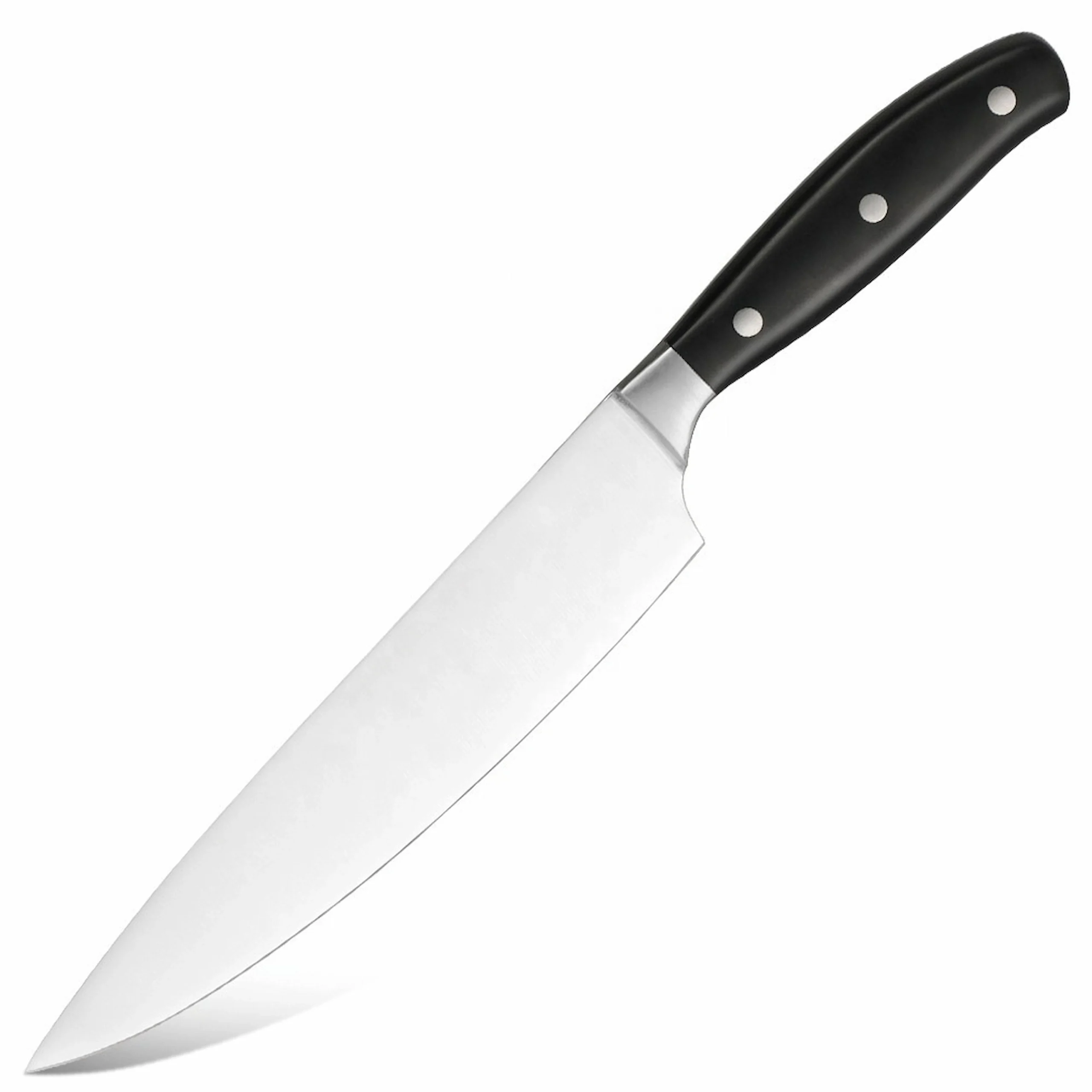 Forged stainless steel chef knife shown at a 45 degree angle isolated on white background KL-KN-SS-021