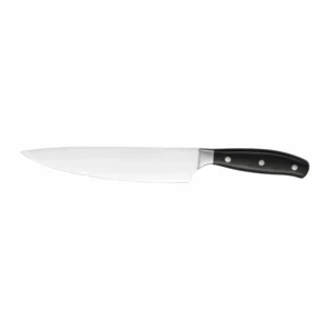 Forged stainless steel 8 inch chef knife with black riveted handle isolated on white background KL-KN-SS-021 图片标题：Stainless Steel Chef Knife - Front View | KaiLionCrafts