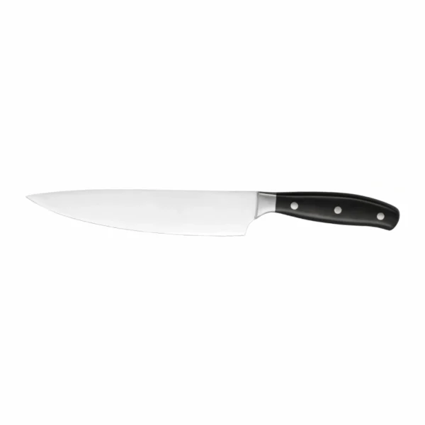 Forged stainless steel 8 inch chef knife with black riveted handle isolated on white background KL-KN-SS-021 图片标题：Stainless Steel Chef Knife - Front View | KaiLionCrafts
