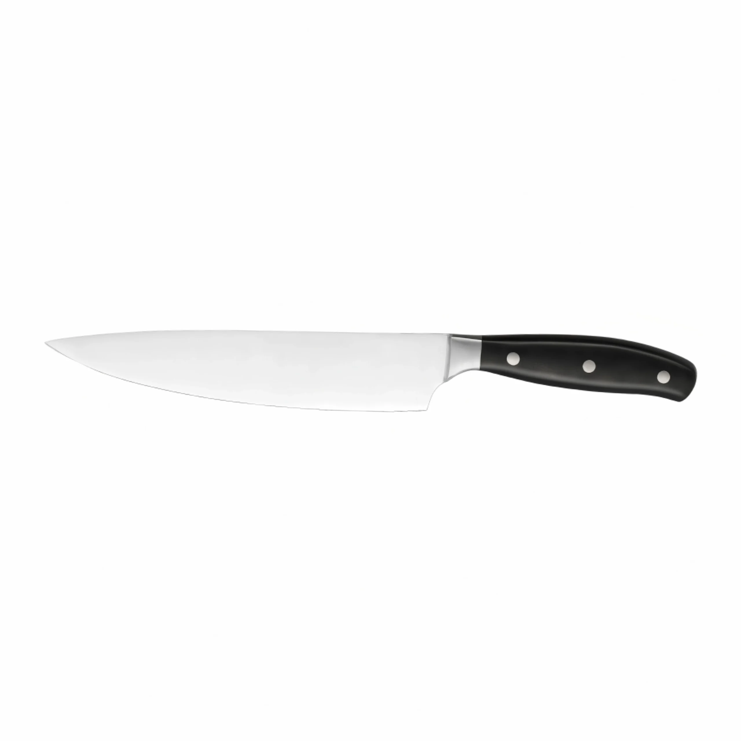 Forged stainless steel 8 inch chef knife with black riveted handle isolated on white background KL-KN-SS-021 图片标题：Stainless Steel Chef Knife - Front View | KaiLionCrafts