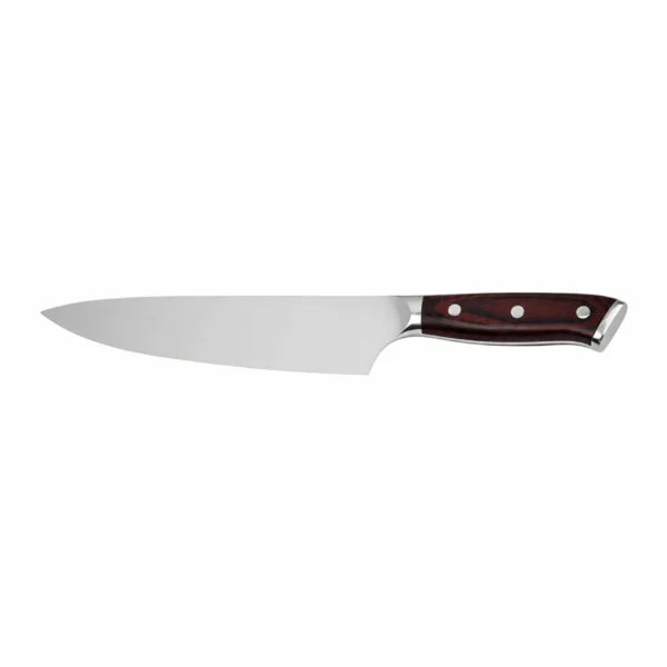 Forged german steel chef knife with natural red wood handle isolated on white background KL-KN-SS-016