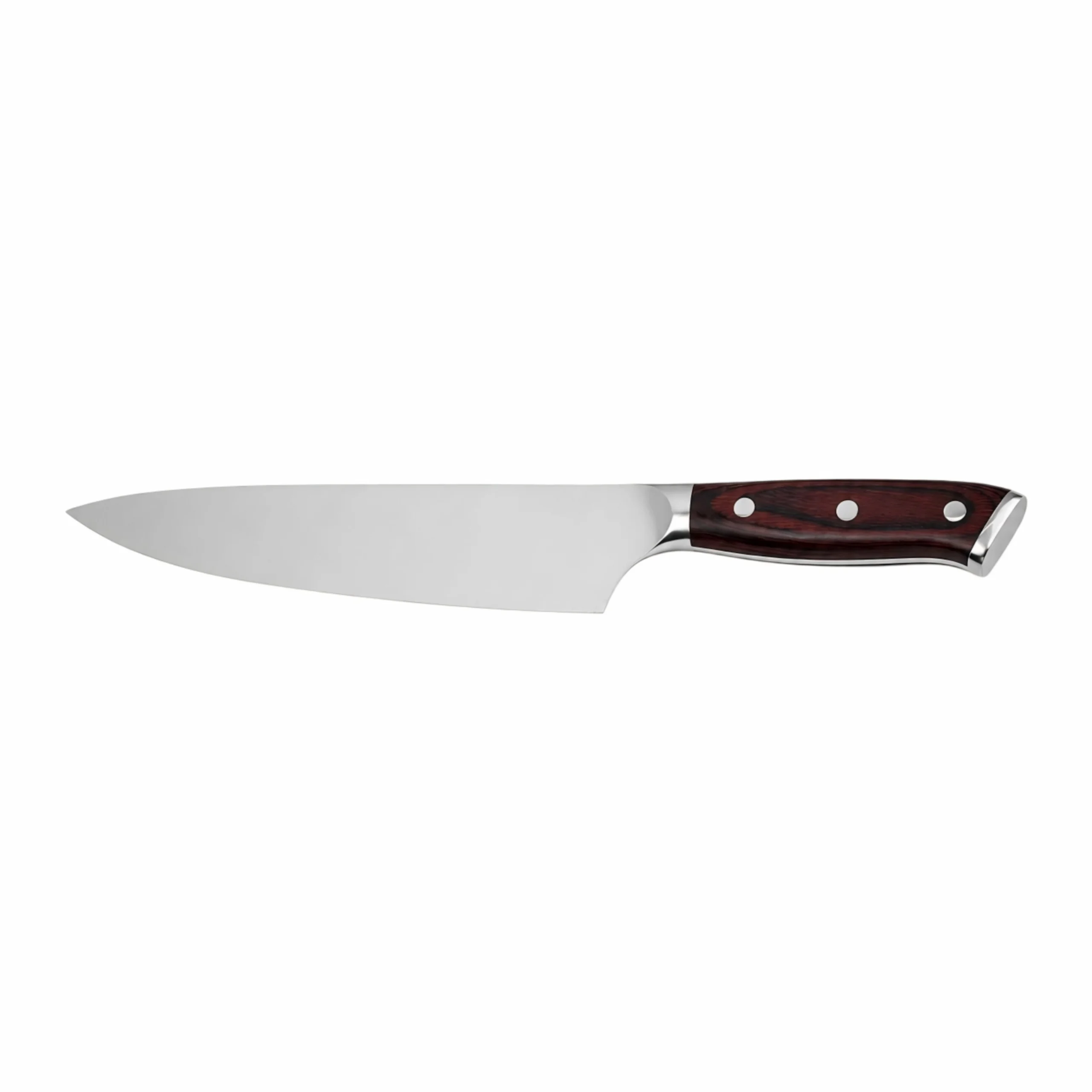 Forged german steel chef knife with natural red wood handle isolated on white background KL-KN-SS-016
