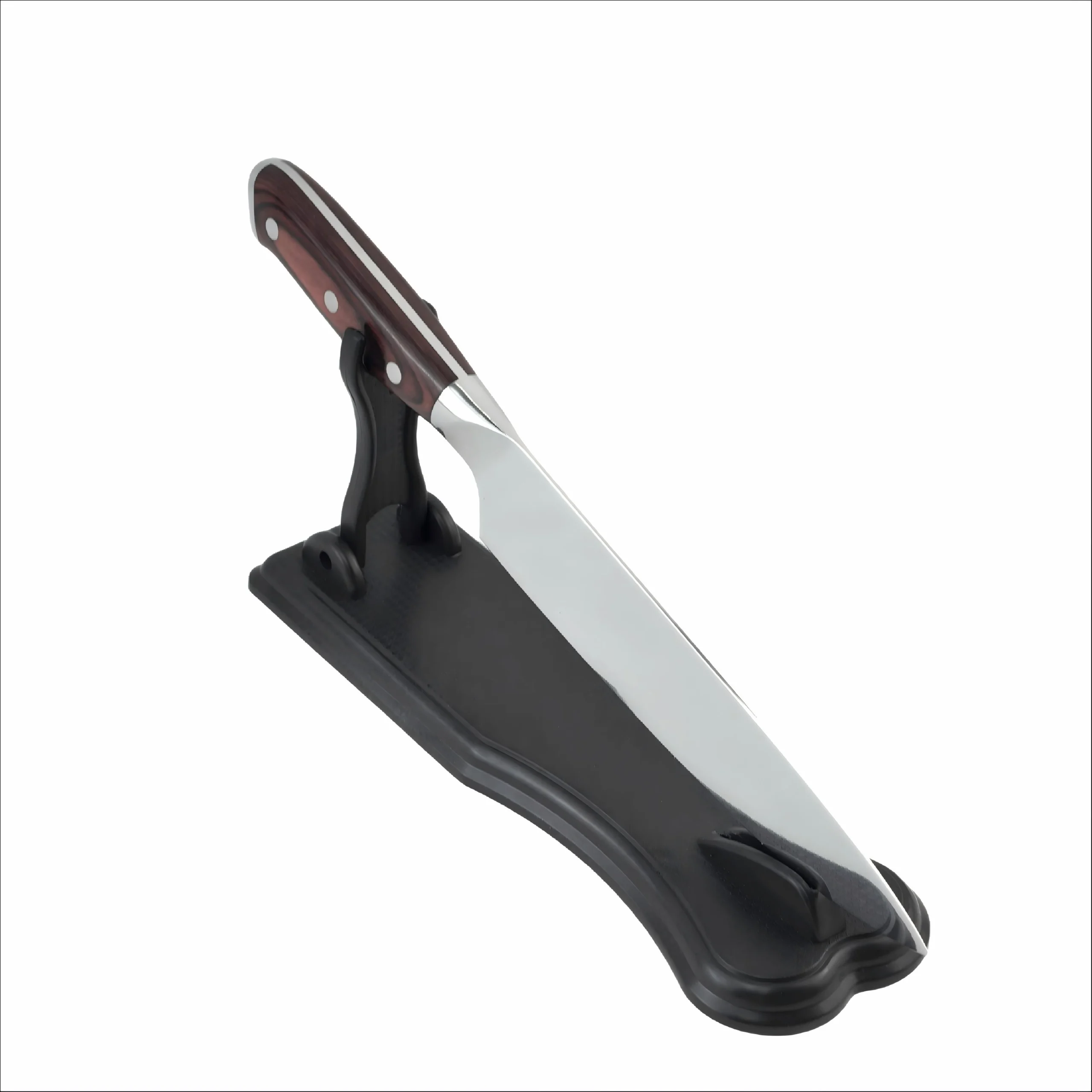Forged german steel chef knife displayed at 45 degree angle on stand isolated on white background KL-KN-SS-016