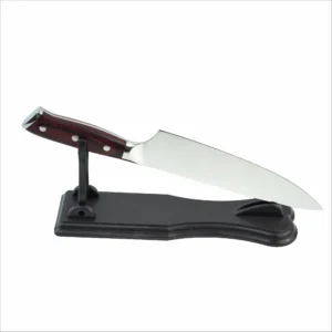 Forged german steel chef knife placed on a black display stand isolated on white background KL-KN-SS-016