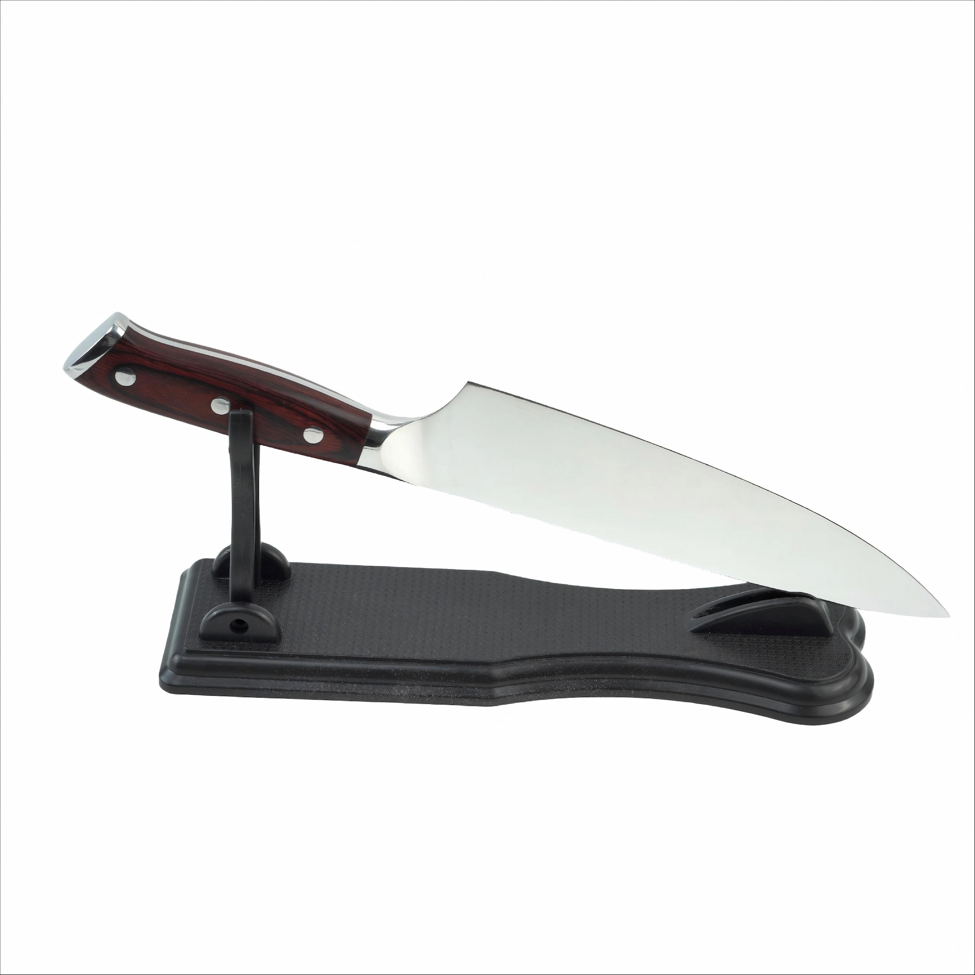 Forged german steel chef knife placed on a black display stand isolated on white background KL-KN-SS-016