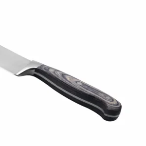 Stainless Steel Chef Knife - Handle Close-Up | KaiLionCrafts Close-up of the triple-riveted dark pakkawood handle on a stainless steel chef knife, isolated on white background. KL-KK-SS-25
