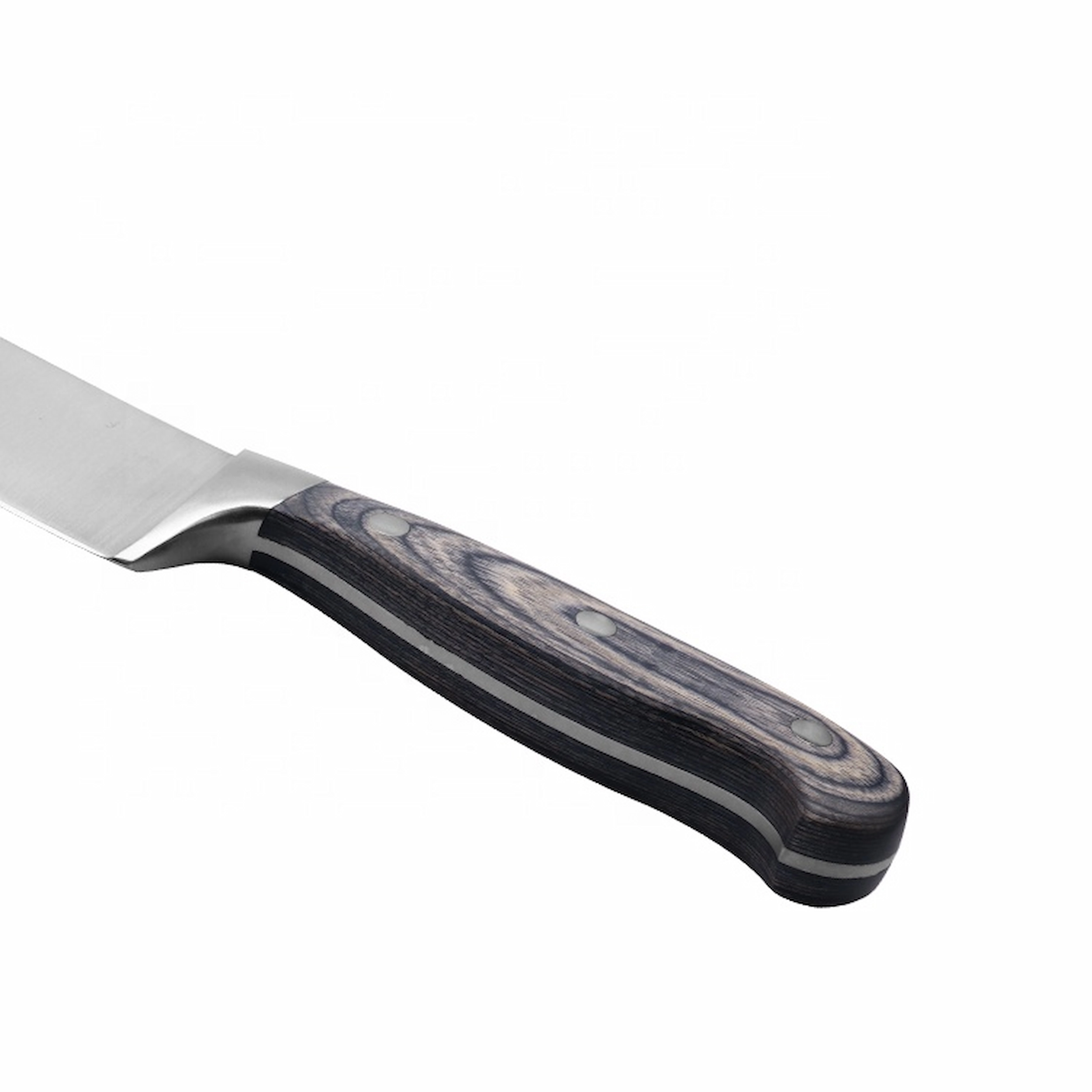 Stainless Steel Chef Knife - Handle Close-Up | KaiLionCrafts Close-up of the triple-riveted dark pakkawood handle on a stainless steel chef knife, isolated on white background. KL-KK-SS-25