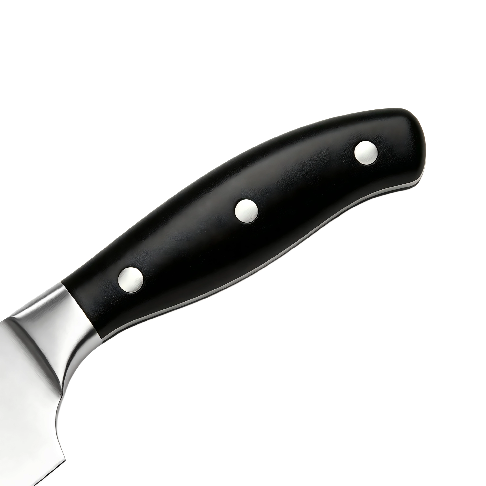 Close up of triple-riveted black pakkawood handle on white background KL-KN-SS-021